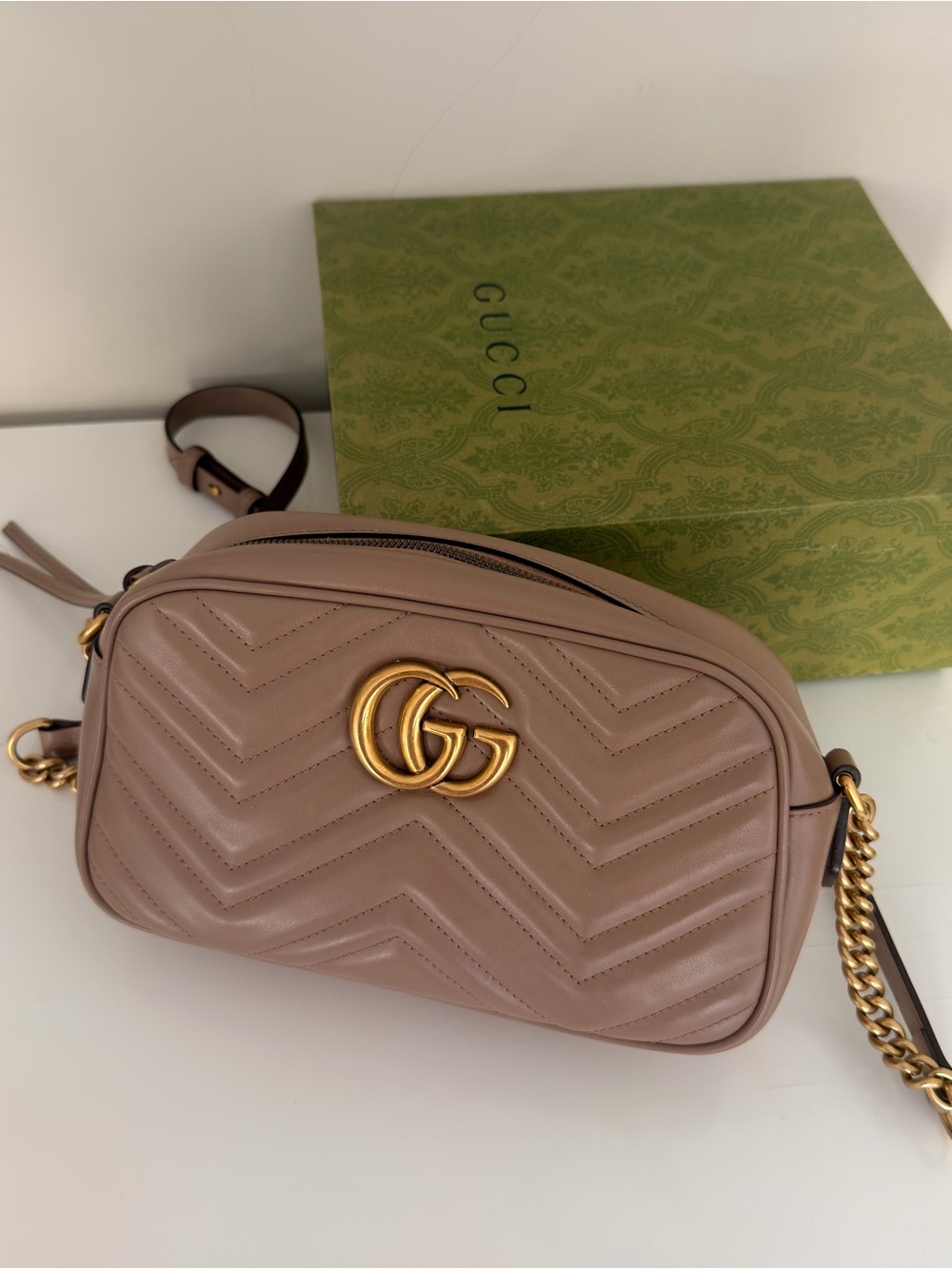 Gucci Rose Beige GG Marmont Chevron Leather Crossbody Bag